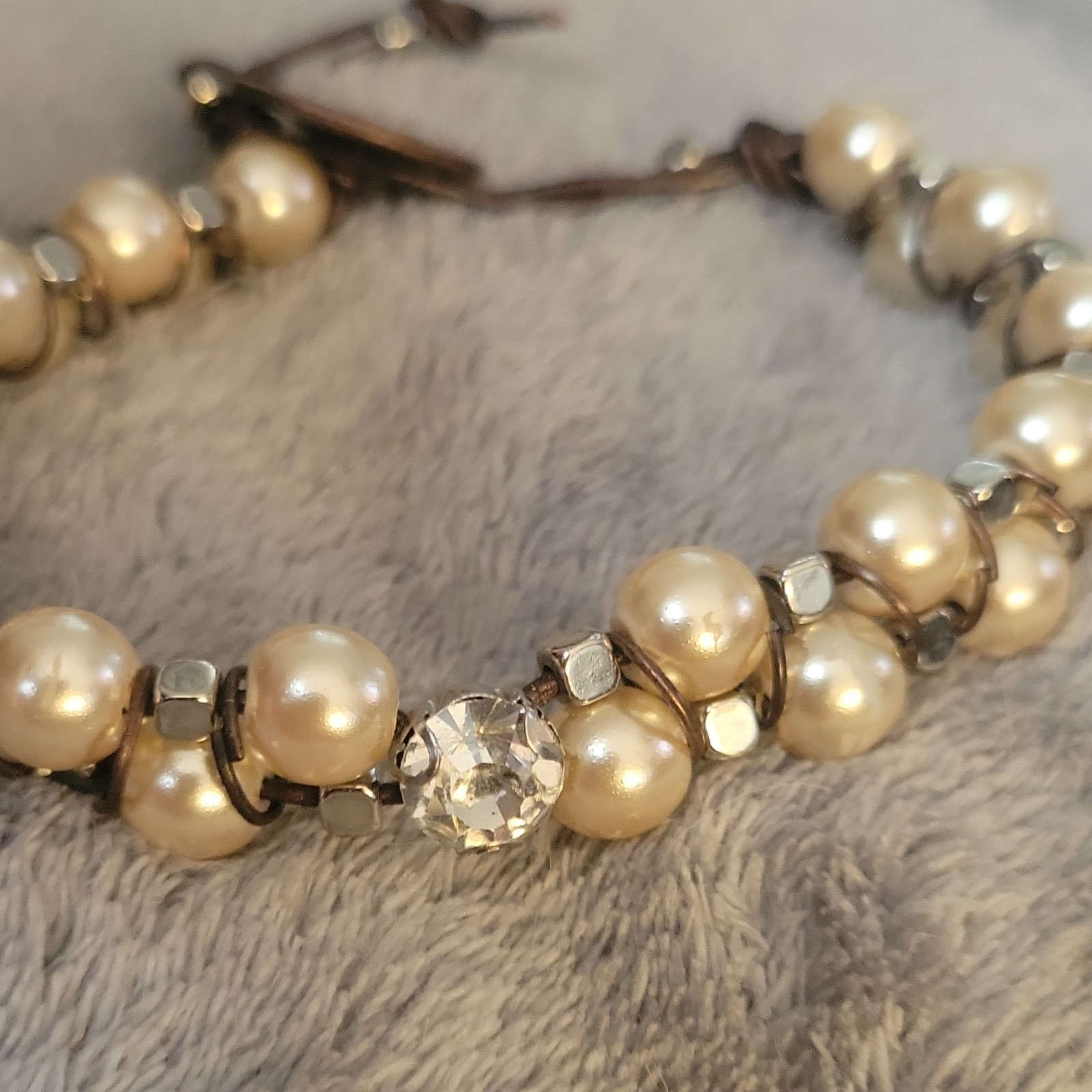Willamy Beaded Cord Bracelet Cream Pearl Crystal Accent Signed Brown