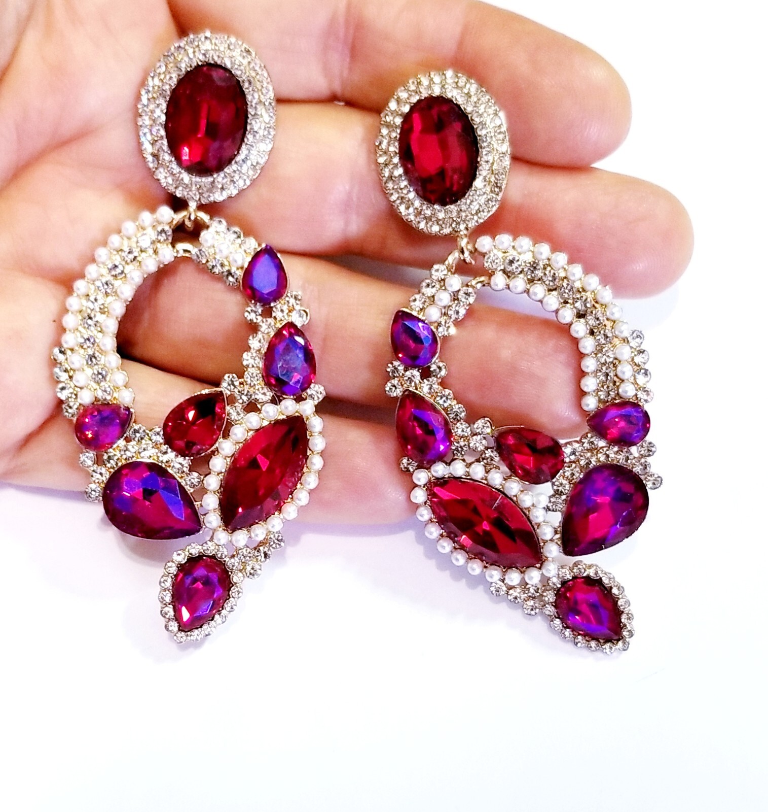 Chandelier Rhinestone Crystal Pageant Bridal Earrings Red Drop Dangle 3.2 Inch