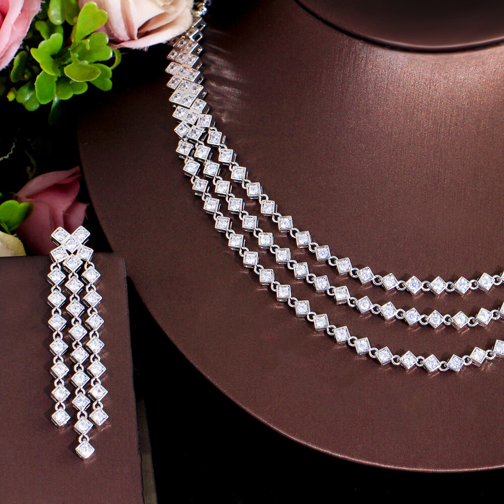 Silver Plated Zircon Multi-layer Necklace Long Tassel Earrings Women Jewelry Set