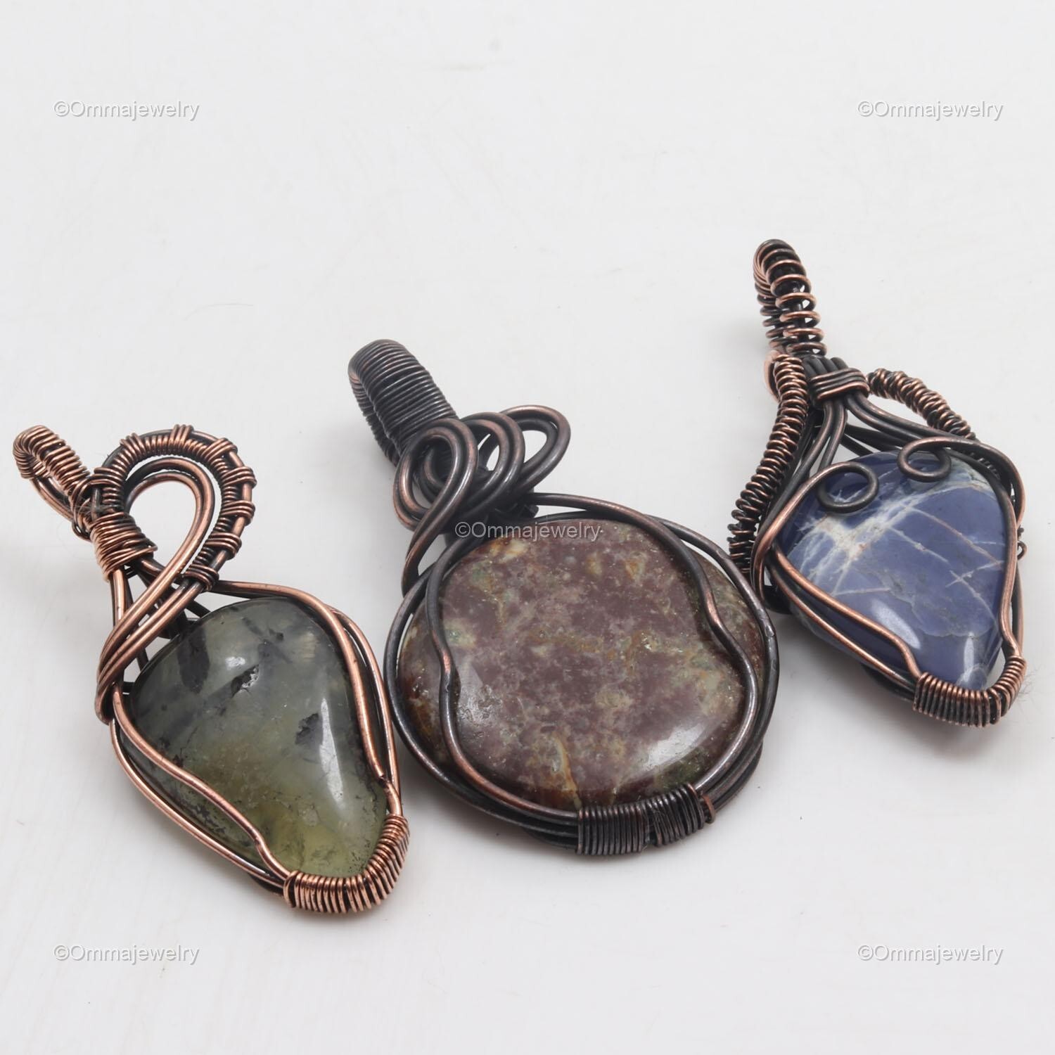 Moss Prehnite Sodalite Wire Wrap Pendant Handcrafted Copper Unique Jewelry