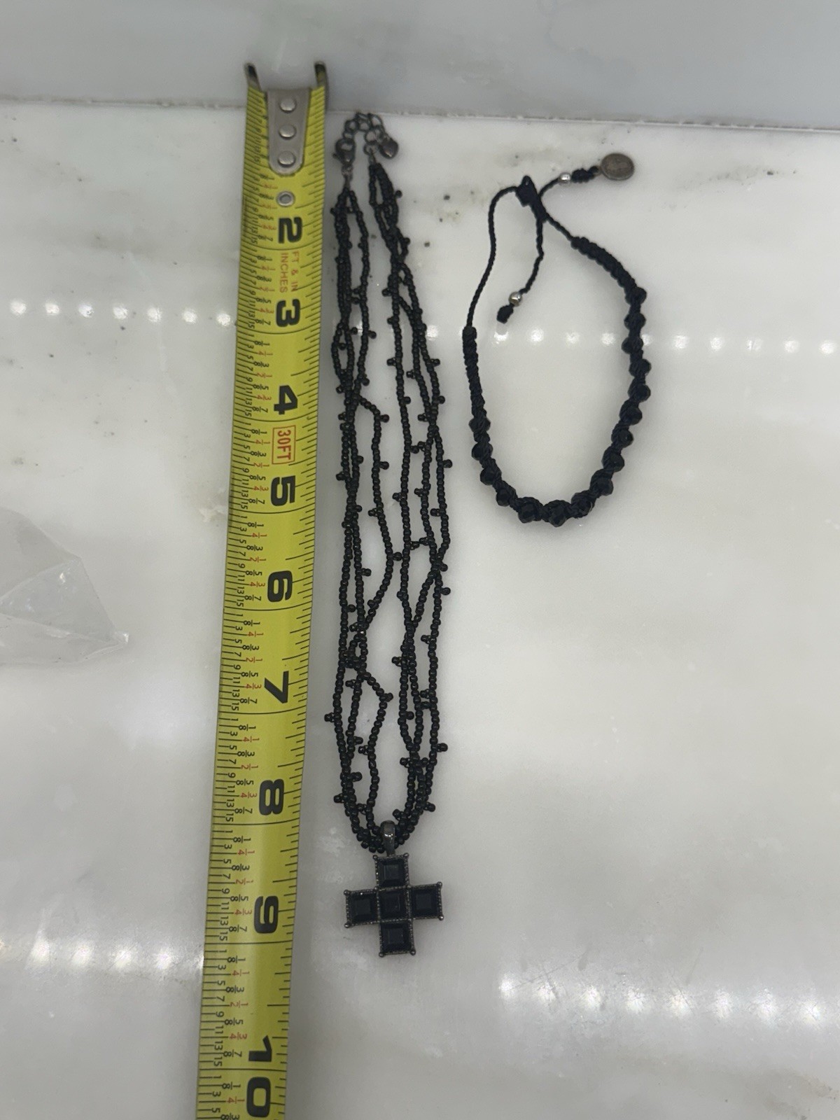Black Stone Cross & Triple Beaded Necklace With Black Beaded Bracelet