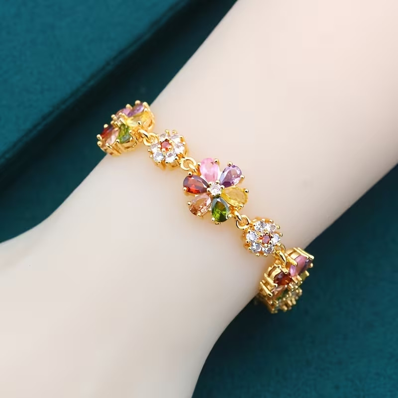 Rhinestone Flower Bracelet Pink Purple Green Yellow Pastel Colors