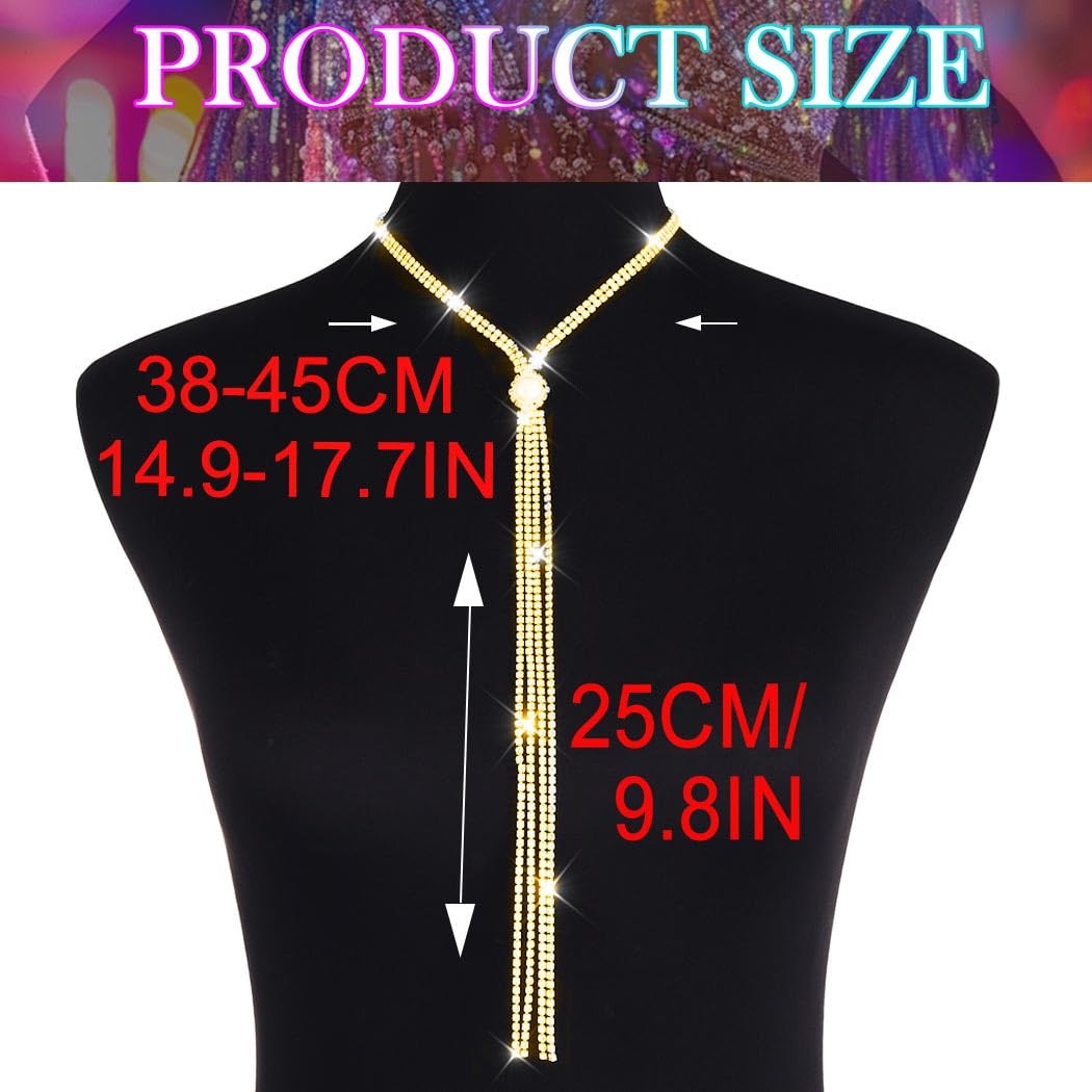 Rhinestone Y-Necklace Choker Chain (18.5in (Length), 9.4in (Height), Gold)