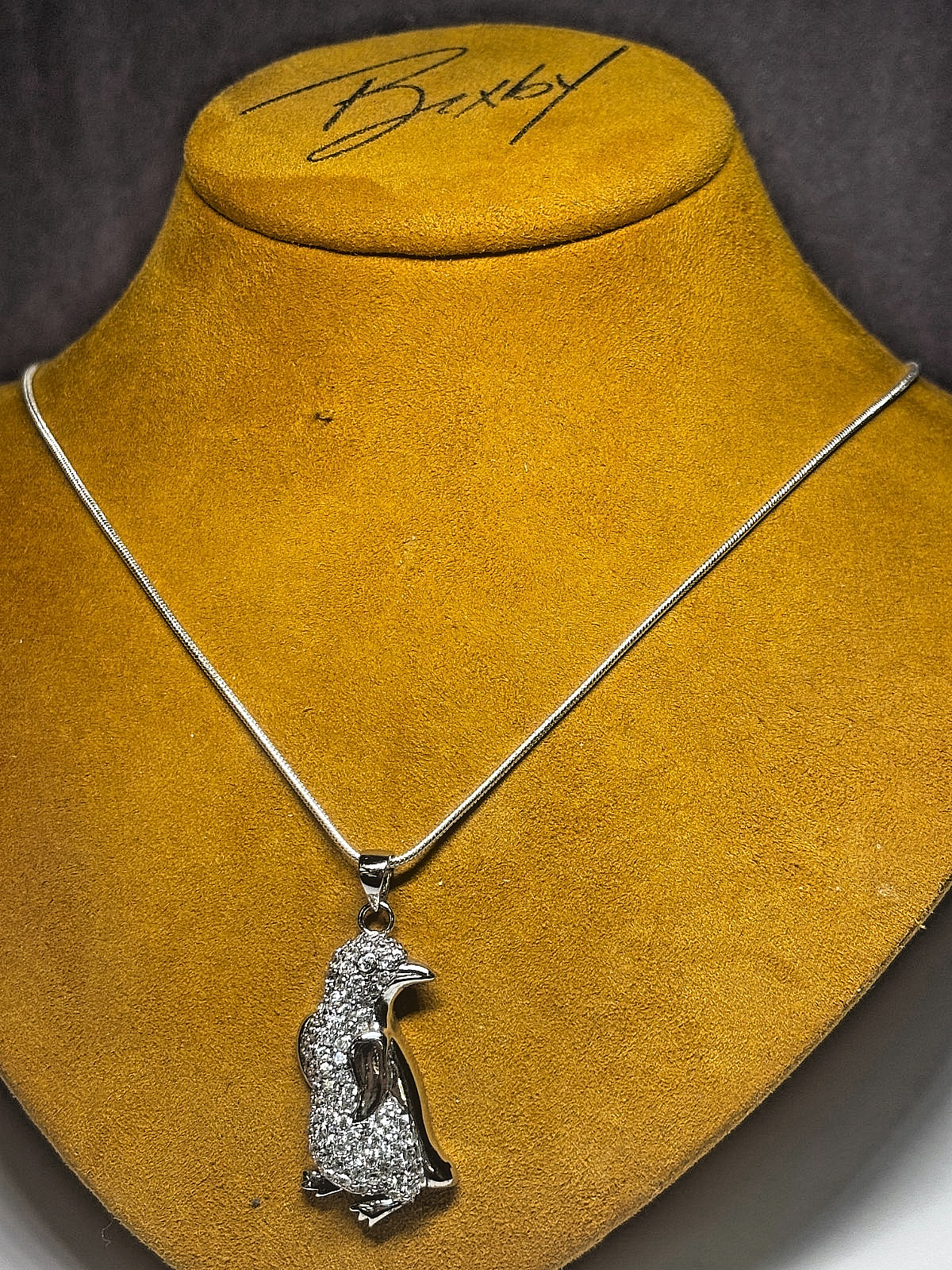 Sterling Silver Pave CZ Penguin Pendant Snake Chain Necklace 9.1g 20in