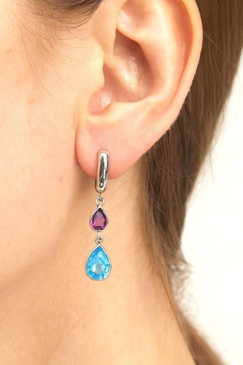 Blue Topaz Amethyst Earrings 925 Sterling Silver, Pear Teardrop Dangle Earrings
