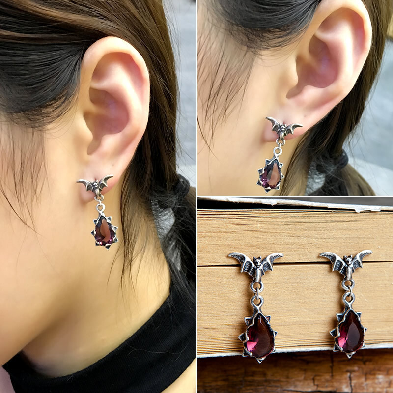 925 Sterling Silver Bat Wing Crystal Drop Earrings Victorian Gothic Dark Romance