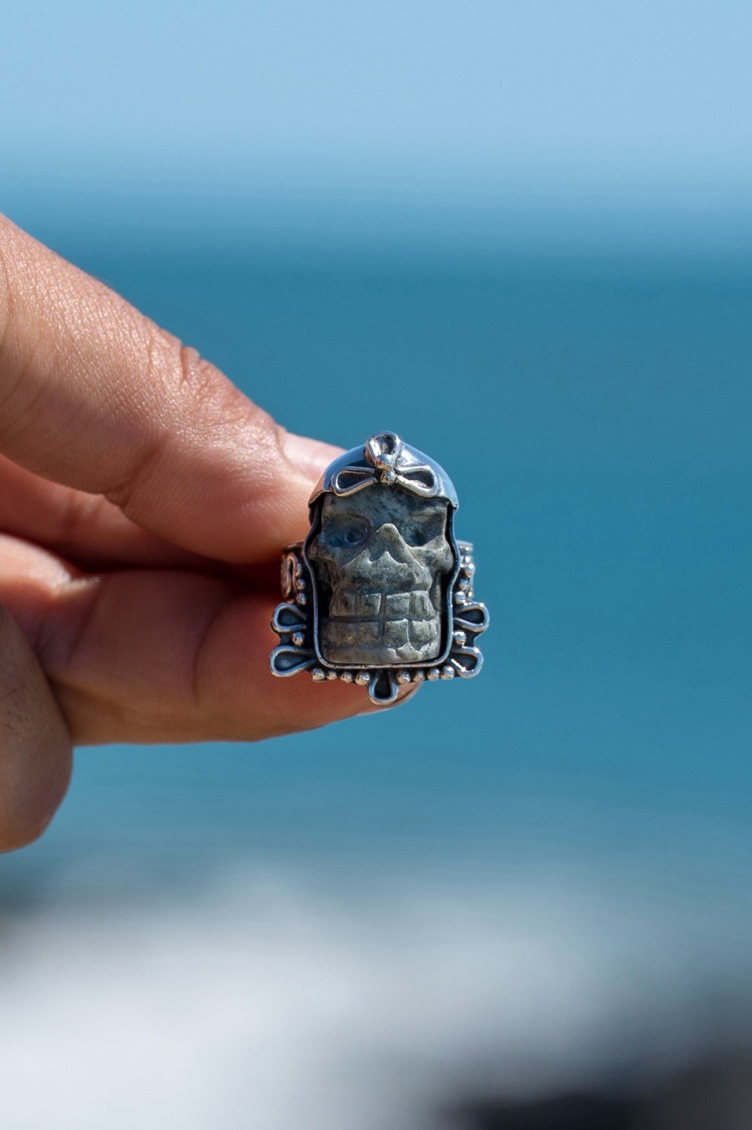 Handcrafted Labradorite Skull Cocktail Statement Ring Adjustable