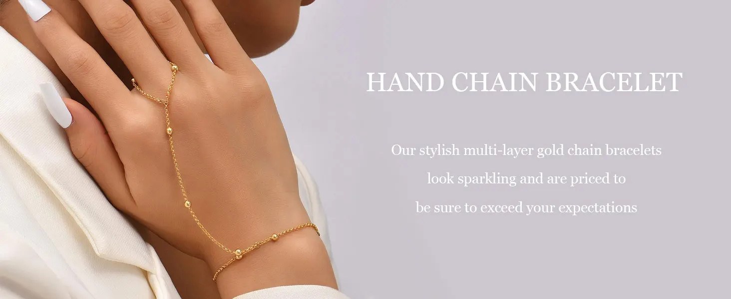 Hand Chain Bracelet with Ring Zircon Adjustable 14K Gold Plated Dainty Women