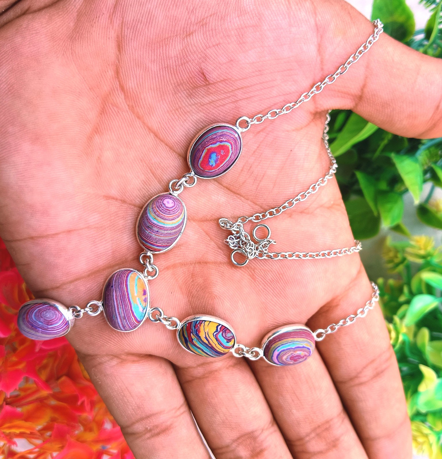 925 Sterling Silver Plated Rainbow Calsilica Gemstone 1pc Necklace Jewelry Gift