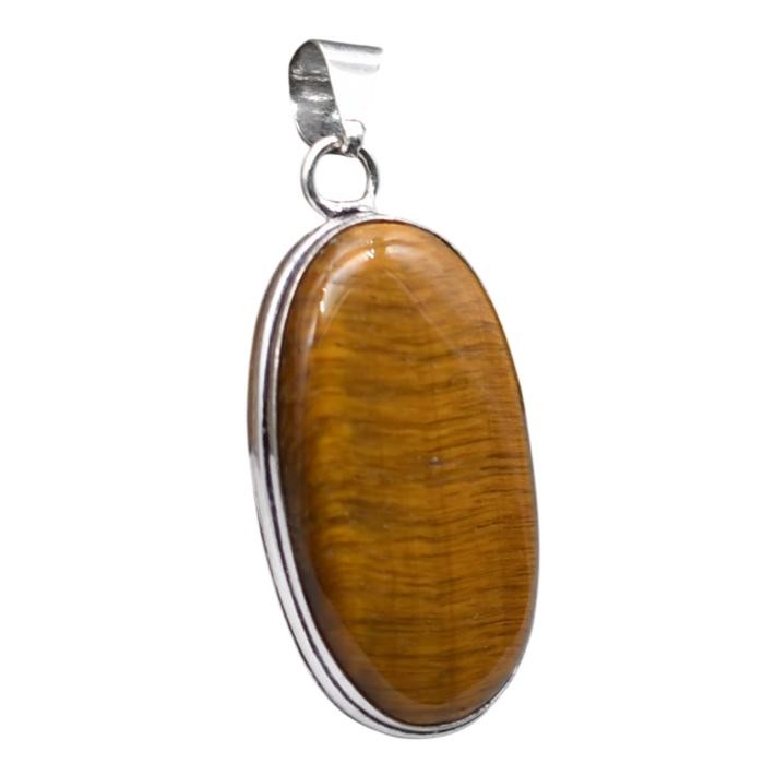 Tiger Eye Natural Gemstone Antique Silver Plated Pendant 2″ J 1088