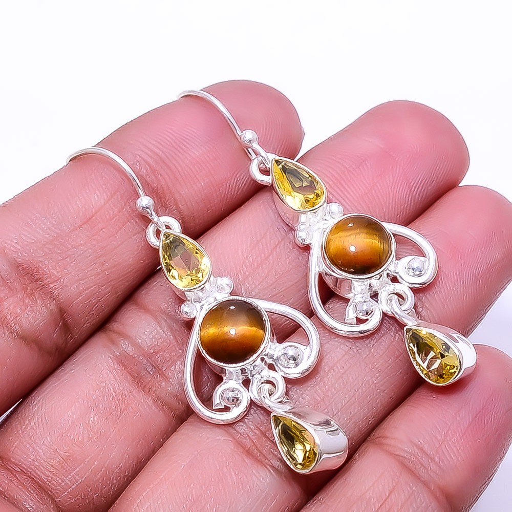 Yellow Tiger Eye, Citrine Multi Collet 925 Sterling Silver Earring 1.95″ E19