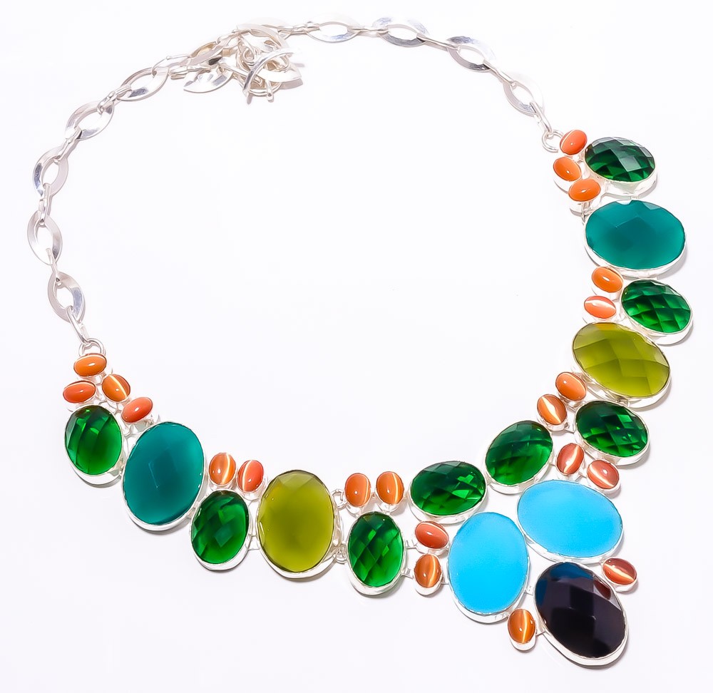 Multi & Cat’S Eye Gemstone 925 Silver Plated Necklace 16-18″ T274