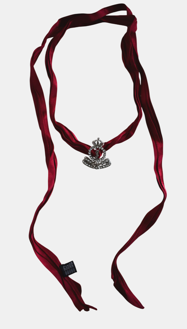 SAINT LAURENT CROWN STAR Interlocking YSL Charm on Silk WRAP CHOKER Necklace