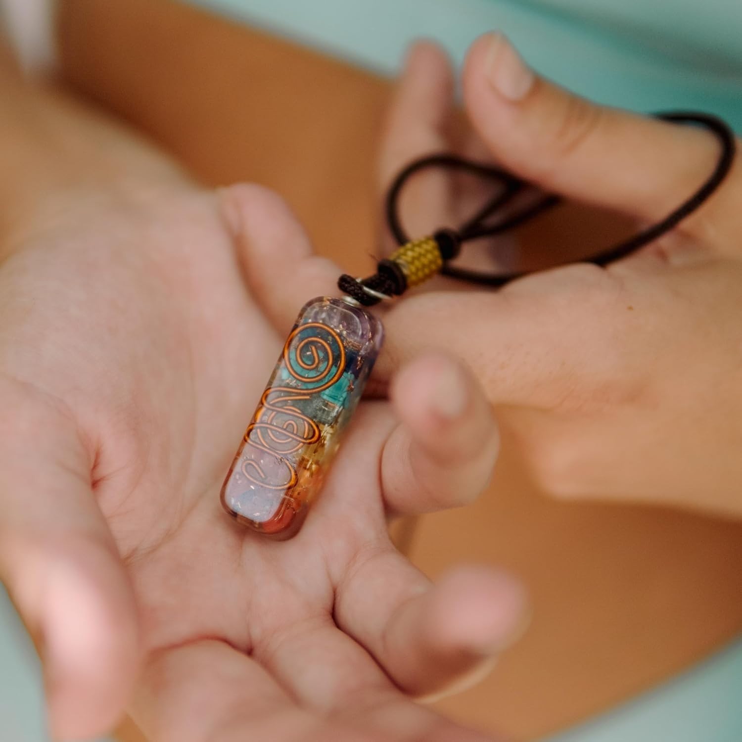 Unique 7 Chakra Orgone Pendant with Adjustable Cord – Spiritual Healing Necklace