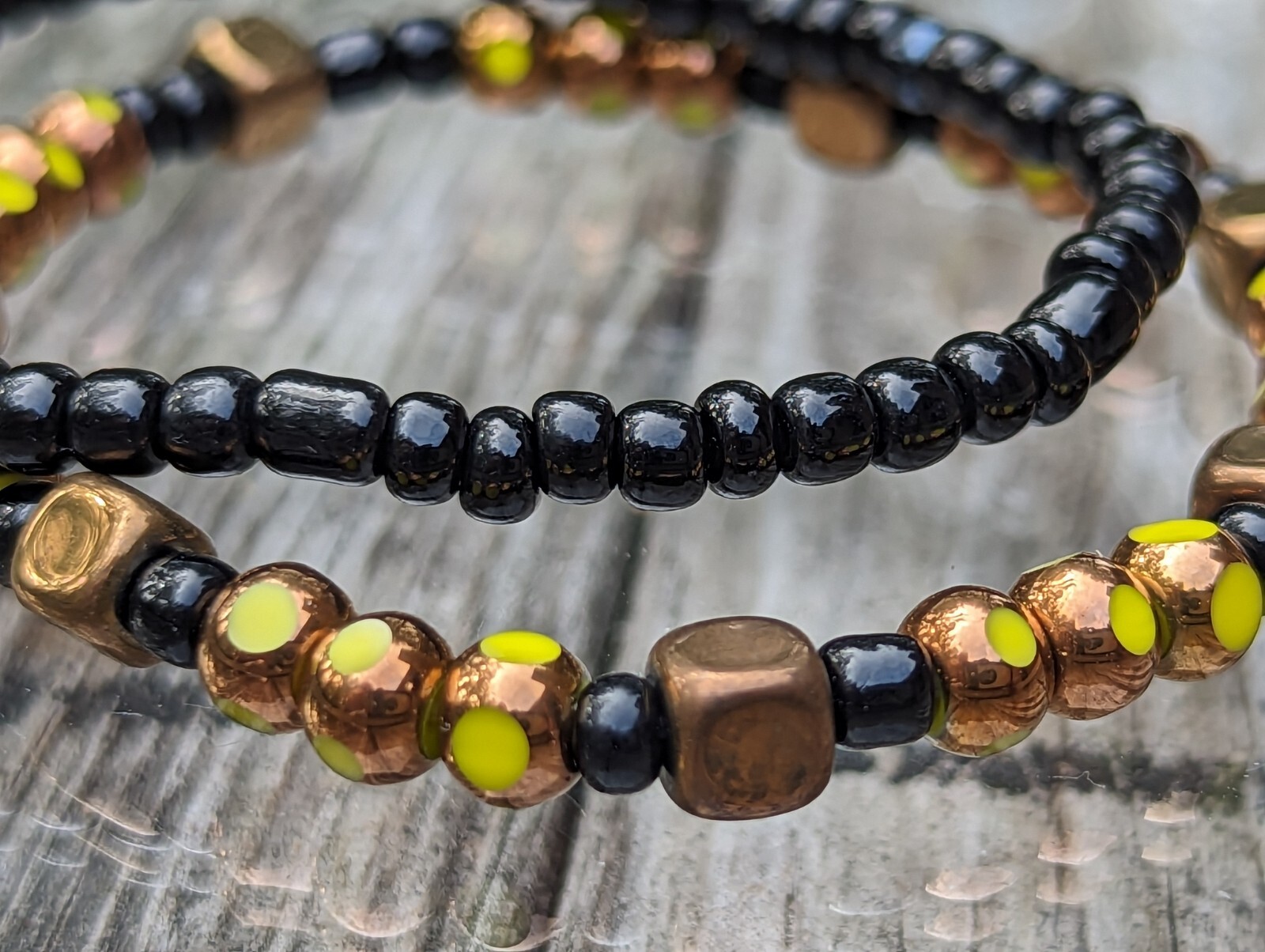 Copper / Black / Yellow Glass Beaded Stretch Artisan Bracelet 7.25″ (18cm) Set