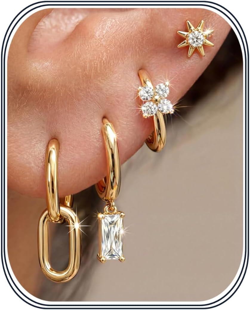 4 Pairs Silver Earrings for Women, Hypoallergenic 14K Gold Filled/Sterling Silve