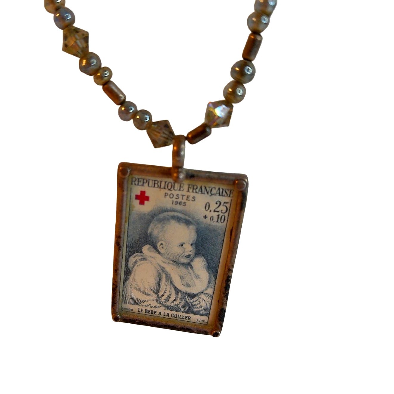 Vintage 925 Sterling Silver 1965 French Stamp Choker Renoir Baby with Spoon