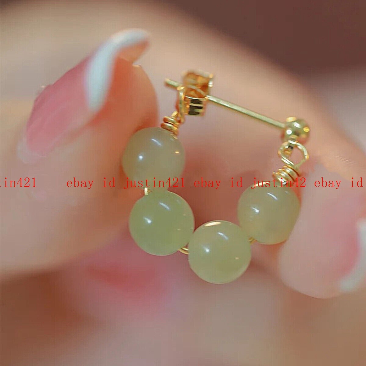 Elegant 8mm Natural Green Aventurine Round Gems Beaded Dangle Gold Stud Earrings