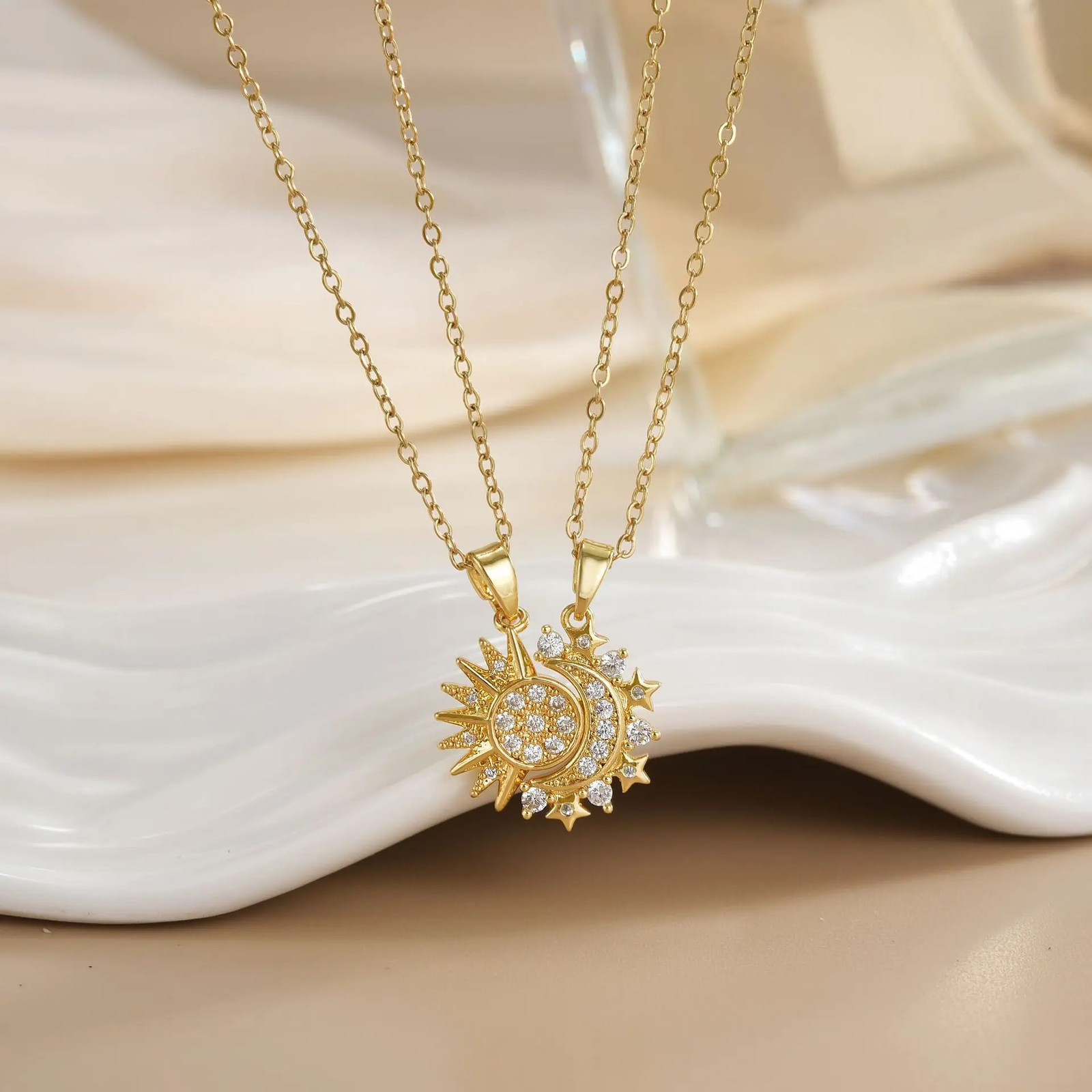 Couple Sun Moon Pendant Necklace Open Ring Set Retro Jewelry Gift