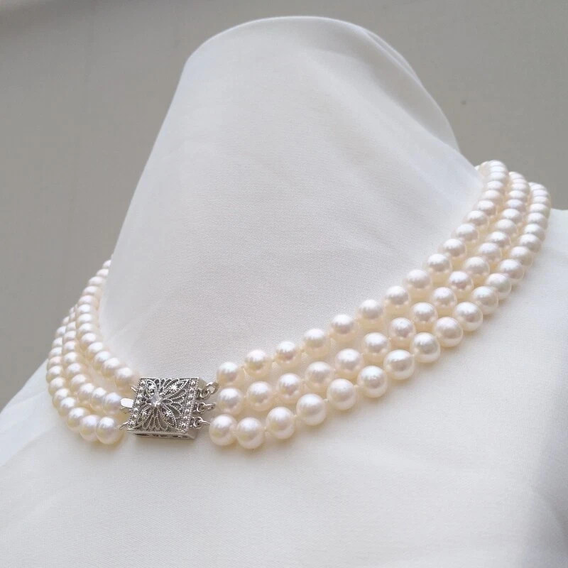 17″-19″ Triple Strand Natural 6-7mm Akoya Round White Pearl Necklace 925 Clasp