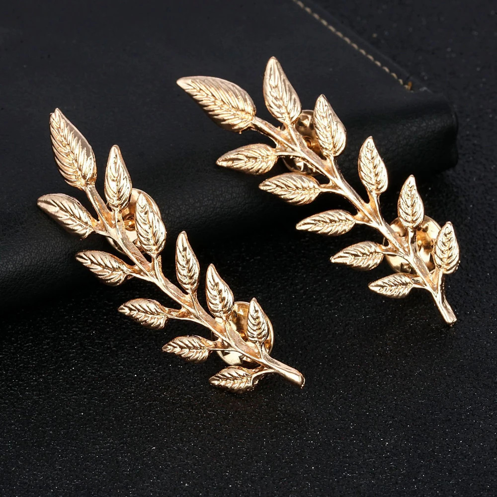 1 Pair Golden Alloy Tree Branch Shape Brooch for Women Men Suit Shirt Collar.