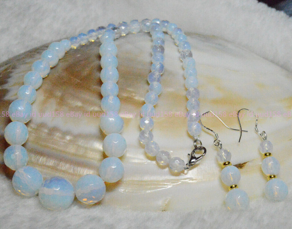 6-14mm White Faceted Sri Lanka Moonstone Gems Round Beads Necklaces Earrings Set