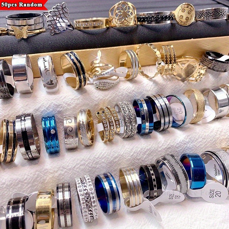 50Pcs MIX LOT Stainless Titanium Steel Rings Wholesale Men Women Fashion Jewelry