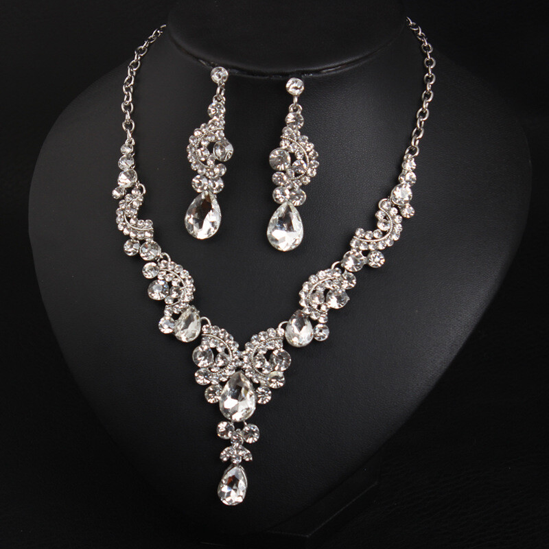 Wedding Bridal Crystal Necklace Earring Jewelry Set Women Evening Party Gifts