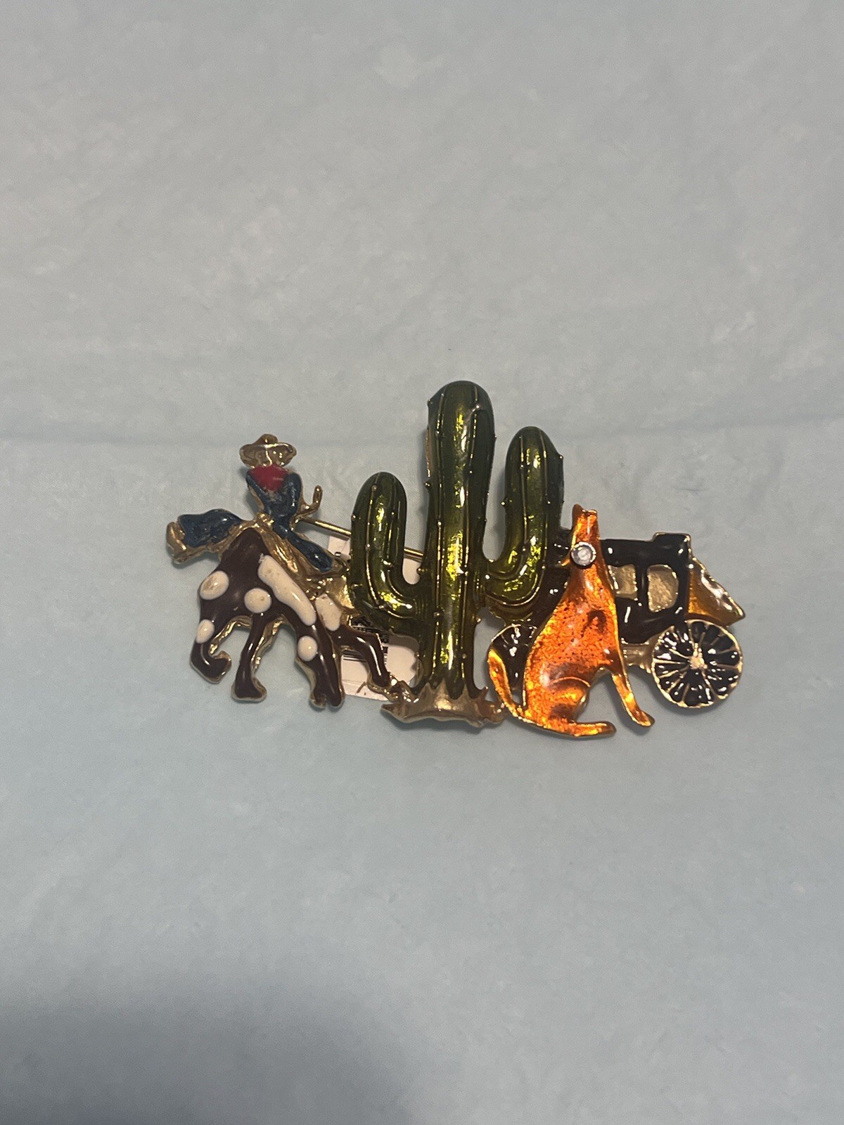 Vintage Southwestern Enamel Cowboy, Cactus, Coyote & Covered Wagon Brooch Pin