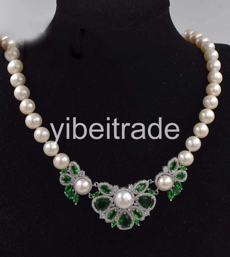 freshwater pearl white near round 11-12mm and green quartz flower necklace 18inc