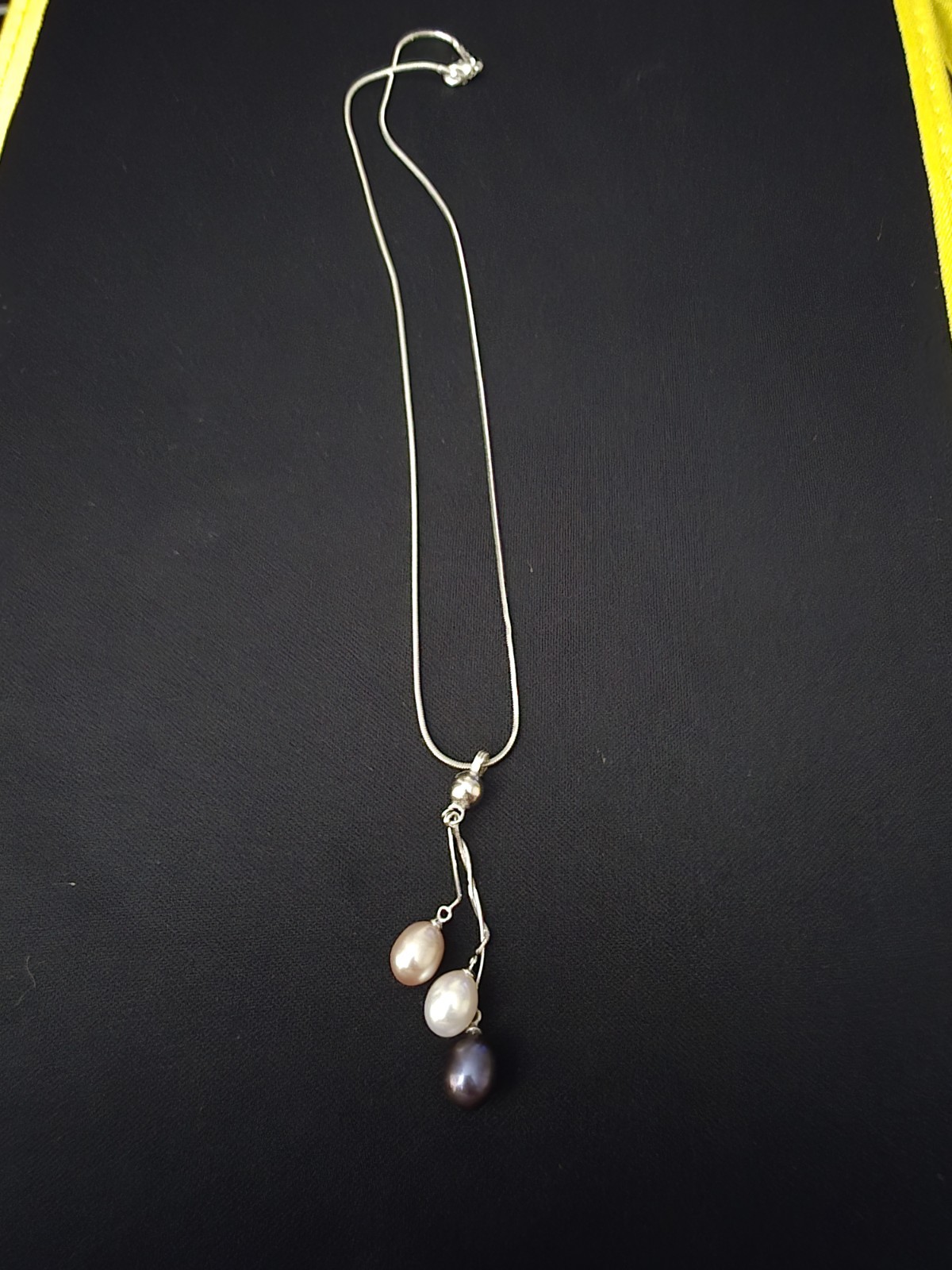 Snake Chain Necklace with Three Oval Pearl Pendants in Silver Tone