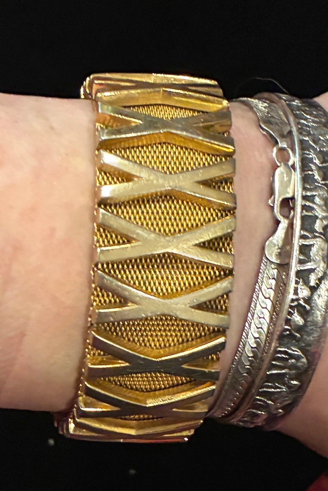 VTG CHRISTIAN DIOR GROSSE Signed 1960 Woven X on Mesh Modernist CUFF BRACELET