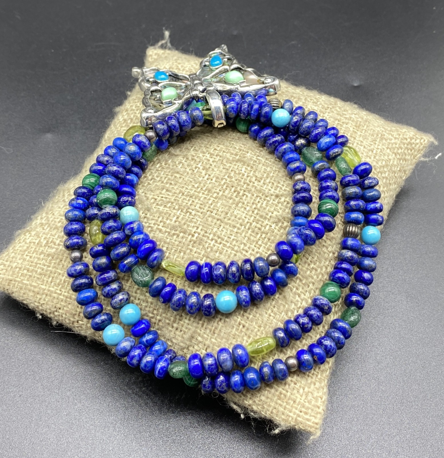 CAROLYN POLLACK-Sterling Lapis Multi Stone Abalone Butterfly Enhancer Necklace