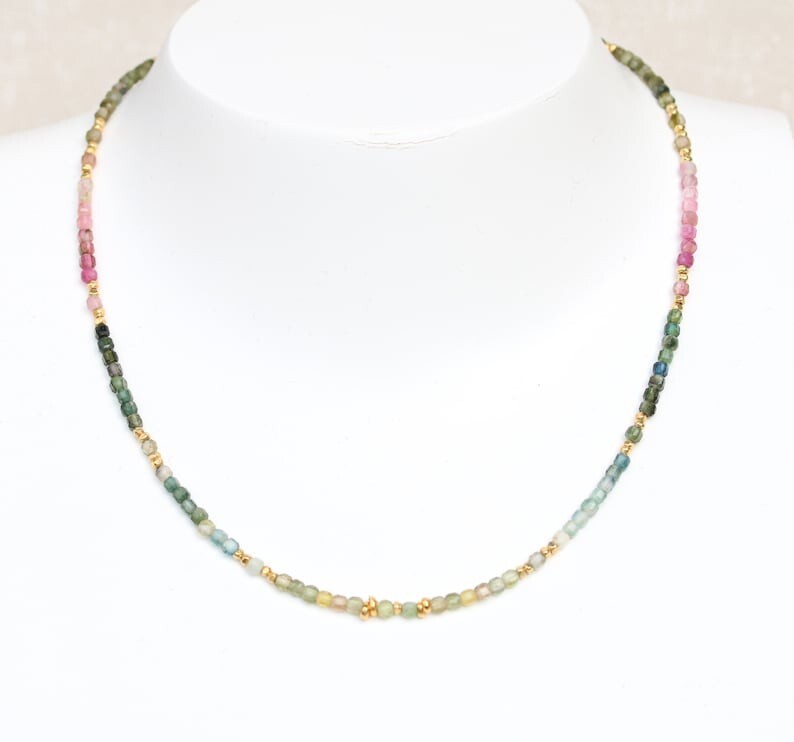 A+ Multi Tourmaline Faceted Round Gemstone Gold Filled Beads Necklaces 18″ Women