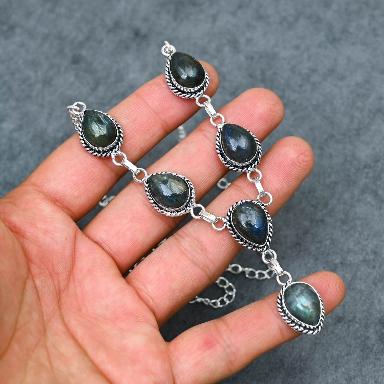 Silver Plated Labradorite Y-Necklace | Multi-Stone Milgrain Cabochon | Artisan