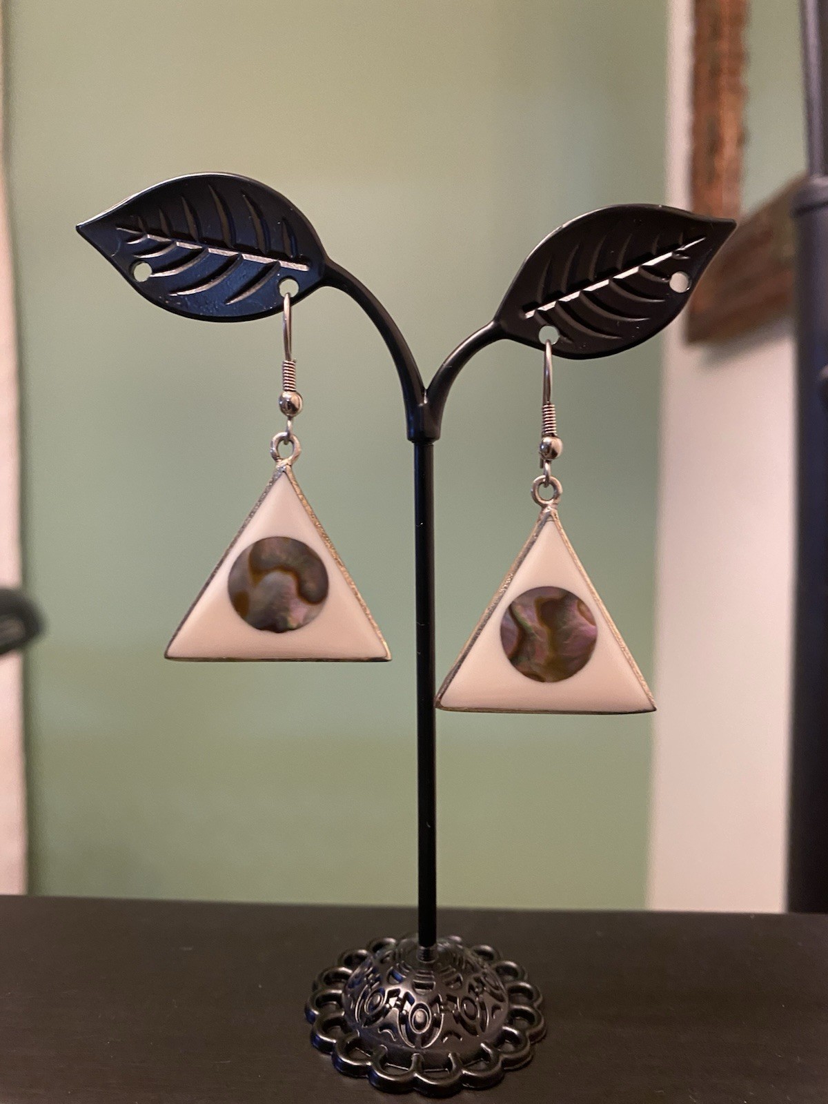Vintage Mexico Alpaca Abalone Shell Triangle Dangle Earrings Geometric Boho