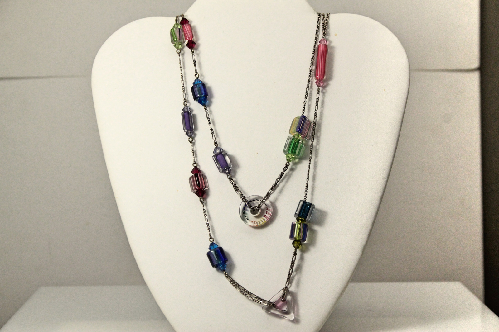 2-Colored Glass Bead Necklaces Linked Together On 925 Chain 54 Grams (NEC4688)