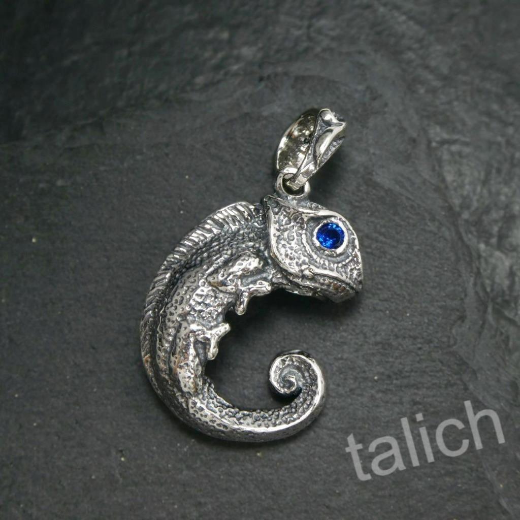 925 Sterling Silver Chameleon Lizard Pendant with Red or Blue CZ Eyes Unique