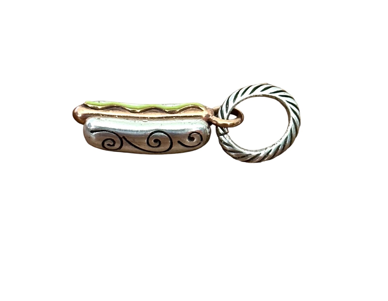 Brighton HOT DOG Charm- silver green copper colors- bun- swirl design