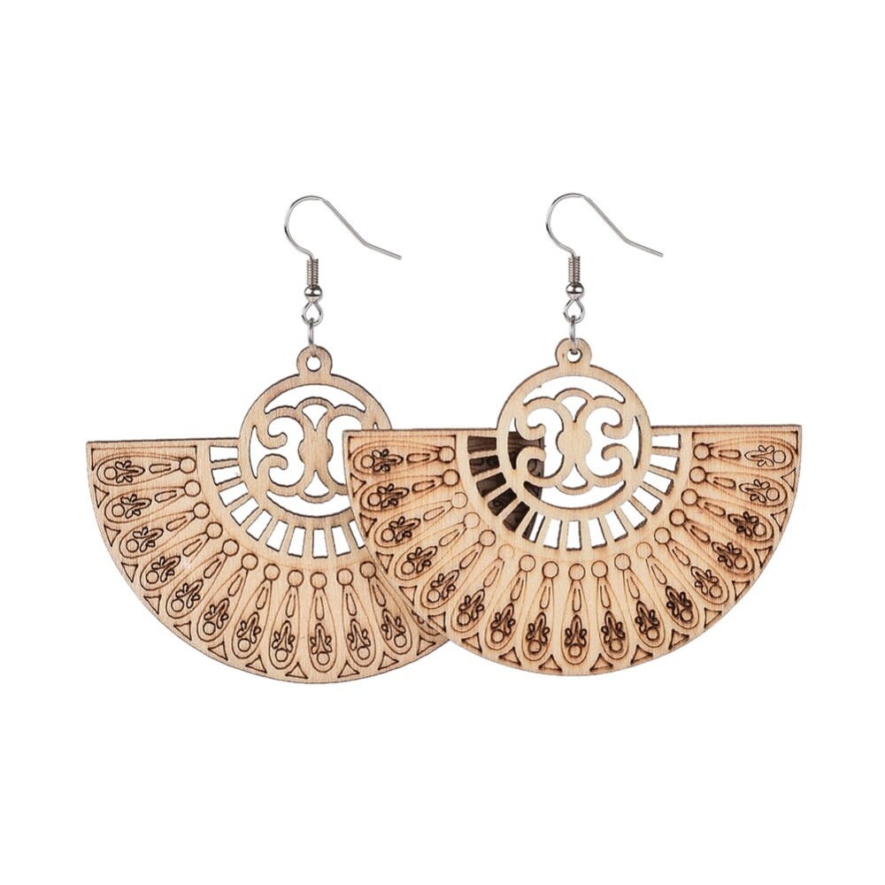 Dangle Earrings Wood Big Fan Shape Wheat 67.5mm 47.5×64.6×2.6mm Pin 0.6mm  P642