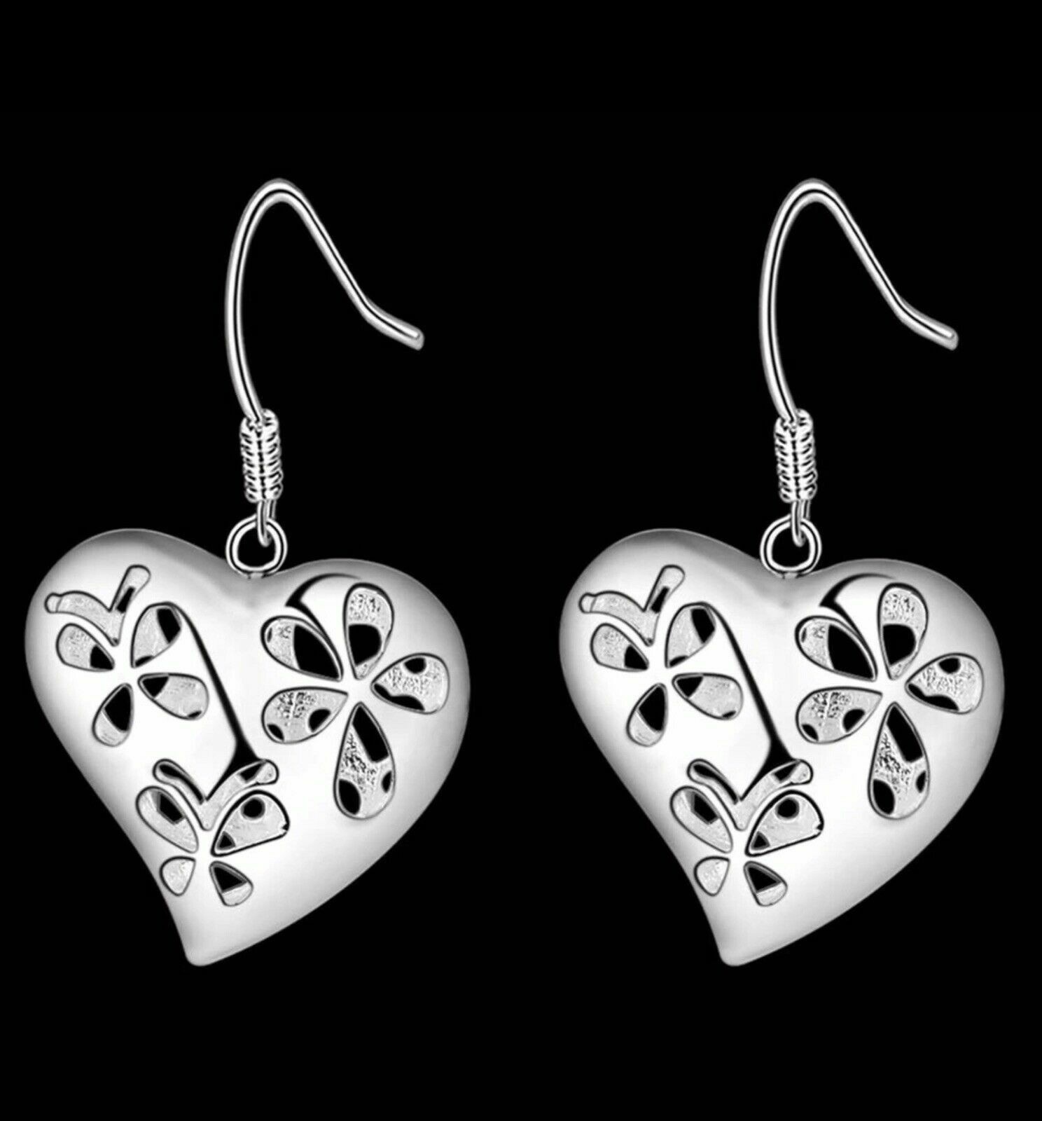Women’s Silver Plated Heart Filigree Hook Earrings Gift US Seller A13