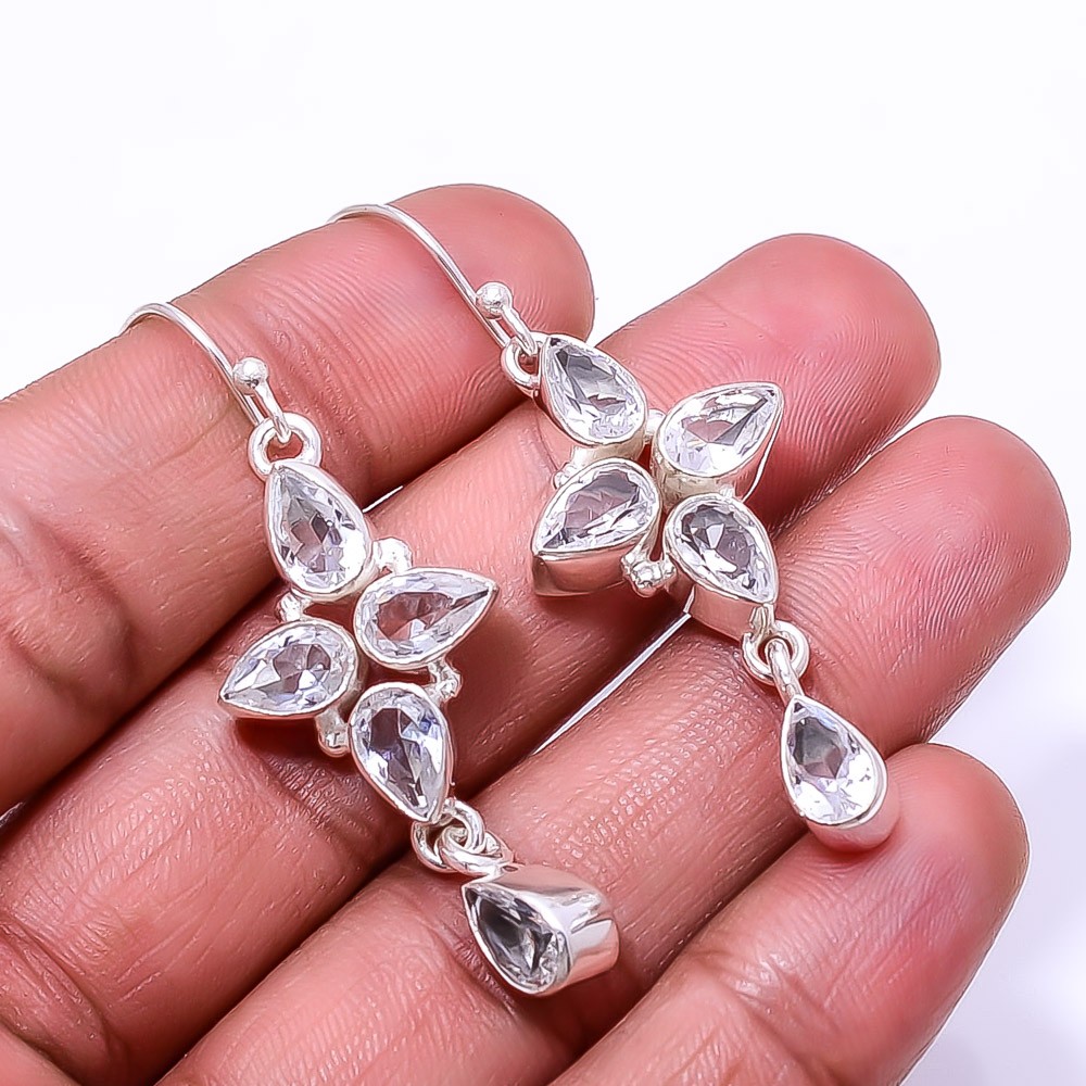 White Topaz Multi Collet 925 Sterling Silver Earring 2.15″ E24, Christmas Gift