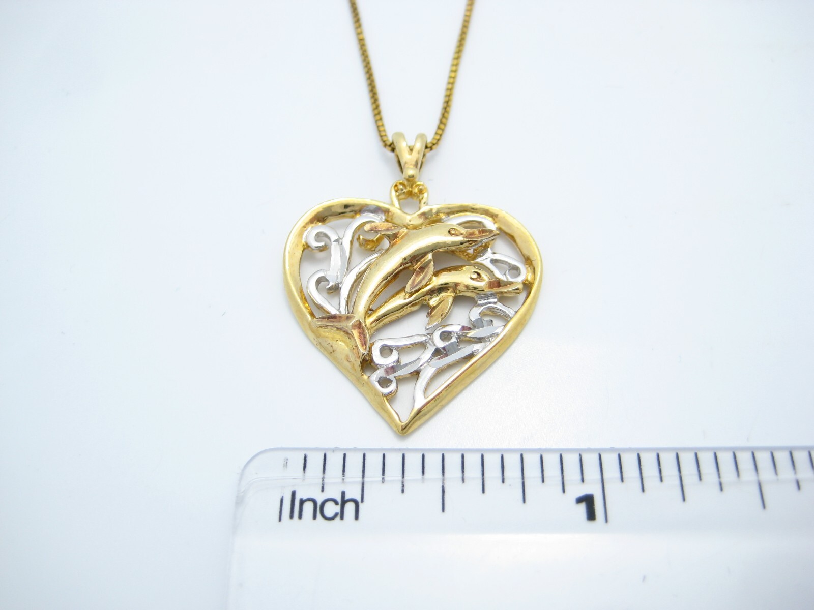 BSI Sterling Silver Gold Tone Dolphins Heart Pendant Chain Link Necklace 16″