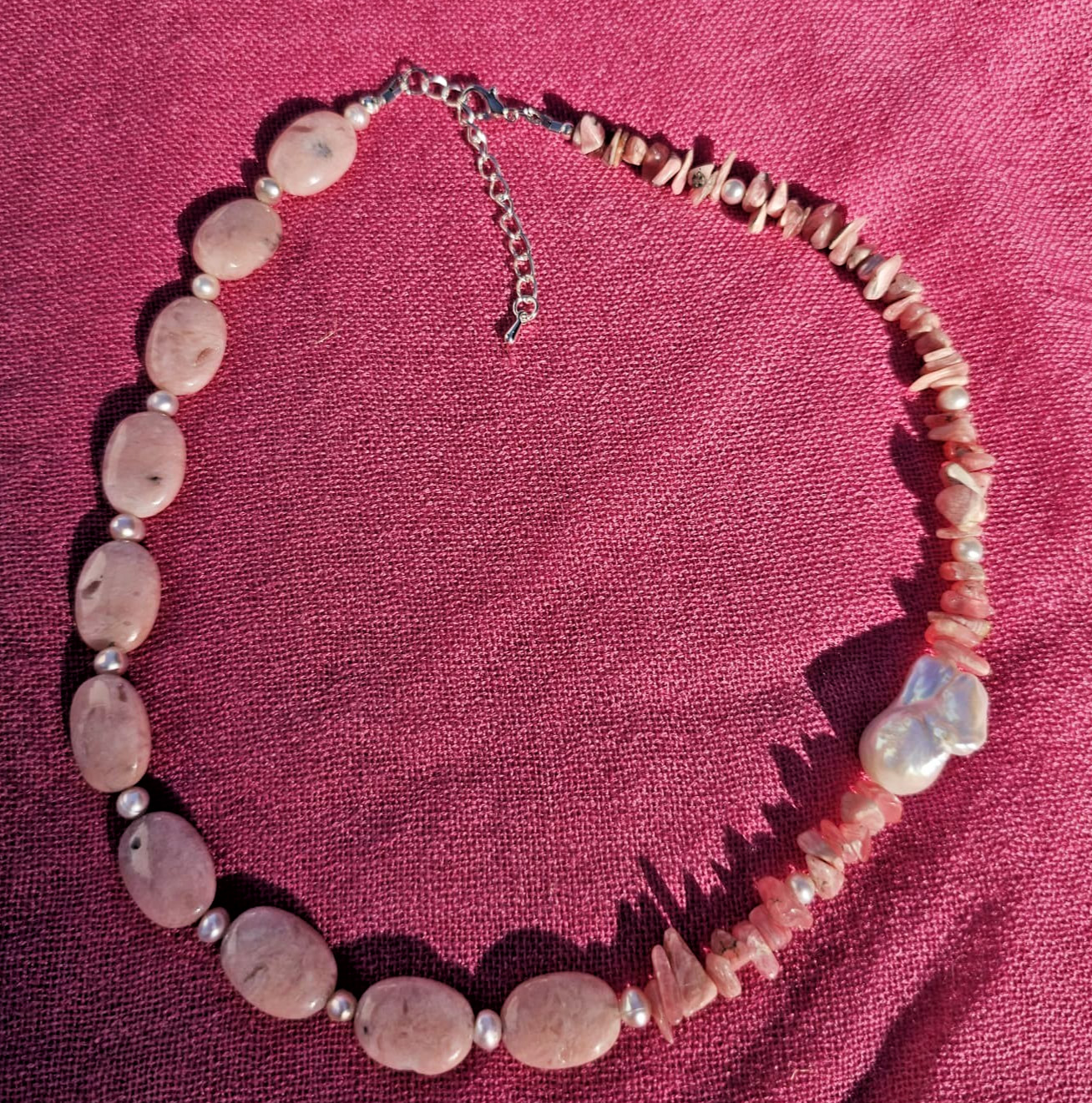 Baroque Pearl, Rose Opal, and Rhodochrosite Beaded Necklace, 20.5 in