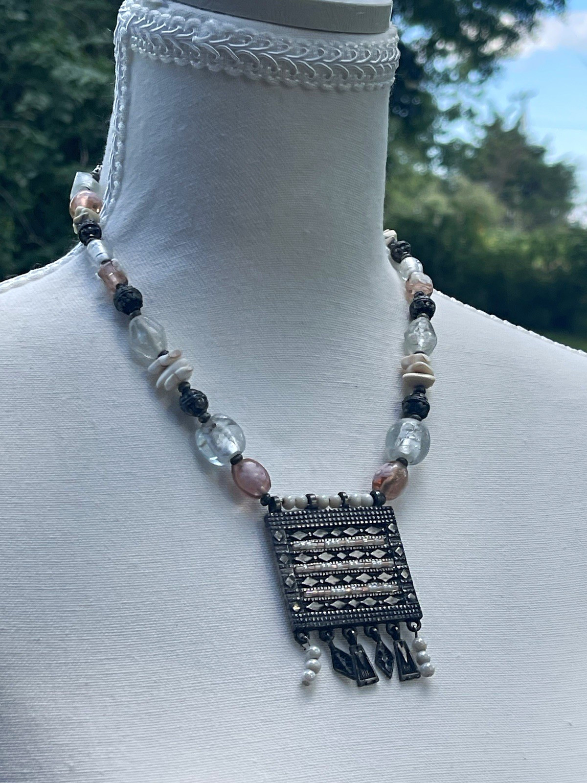 Chicos Boho Tribal Beaded Silver Fringe Statement Pendant Necklace 22″