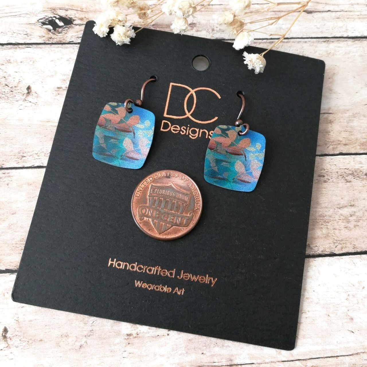 DC Designs Abstract Foliage Small Square Earrings in Teal and Brown 29NS Unique