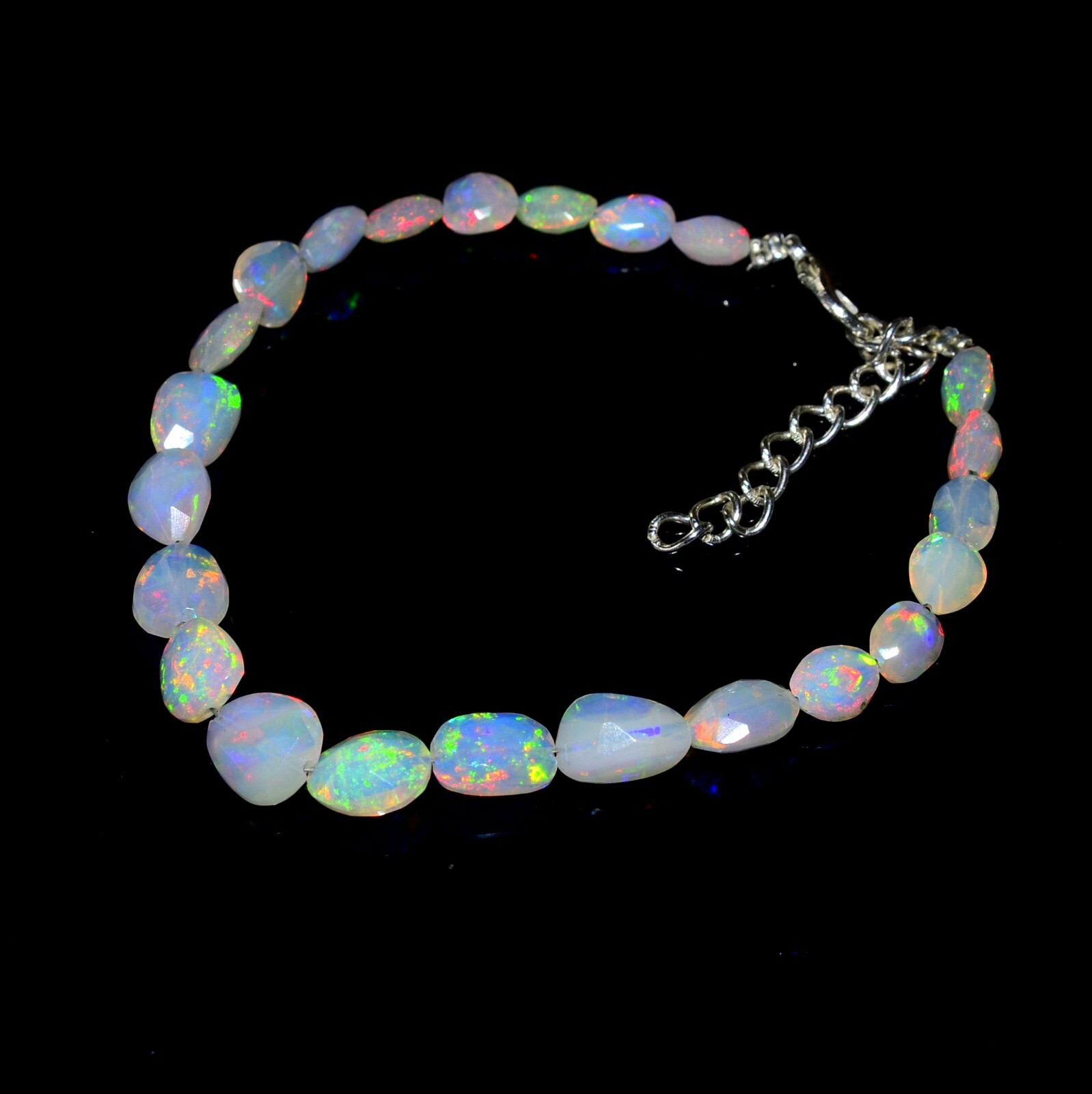 925 Silver Ethiopian Fire Opal Faceted Cut Nugget Beaded Bracelet, Opal Bracelet