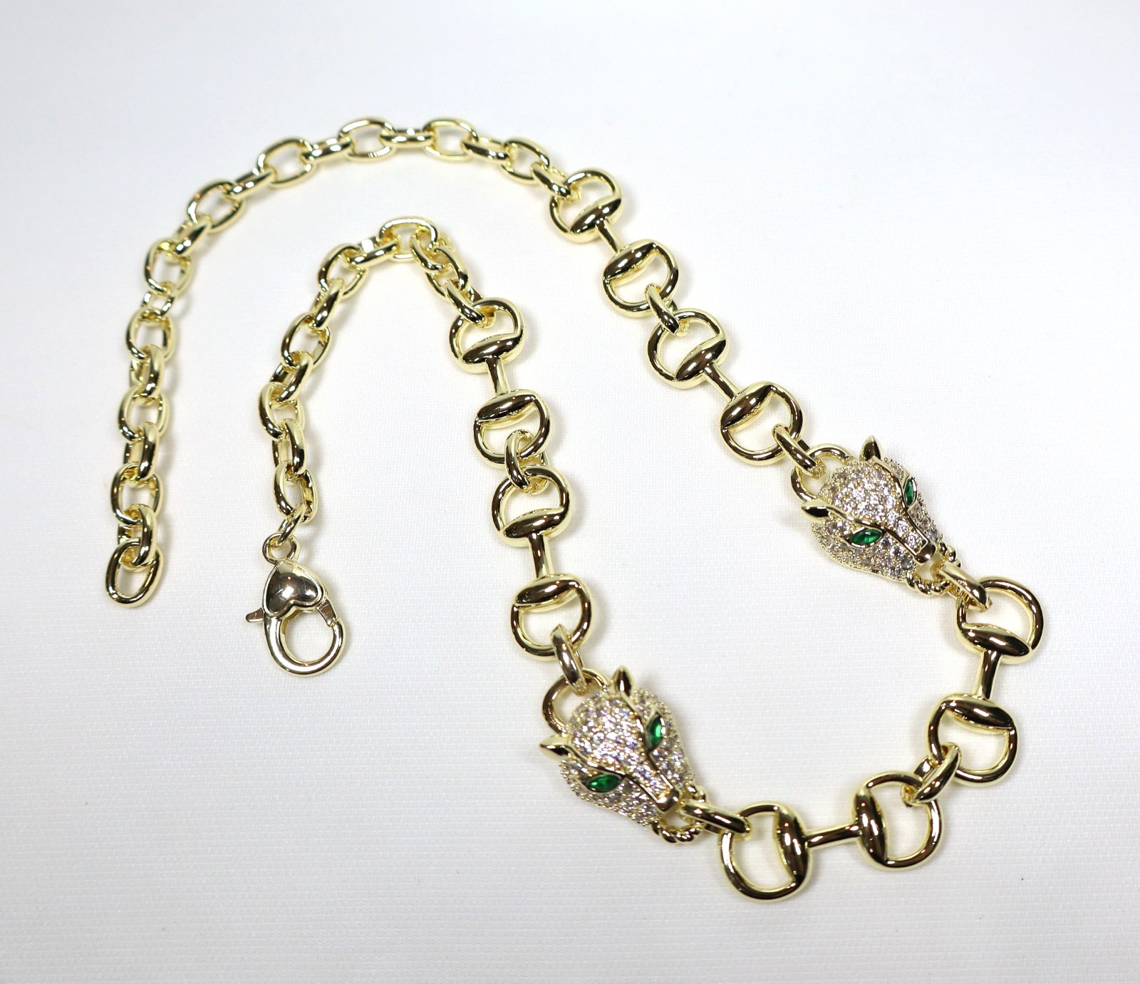 Statement Gold Panther Necklace Large Bling Cubic Zirconia Green White Gemstones