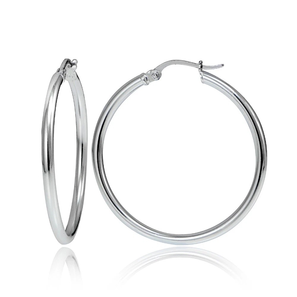 Sterling Silver 2mm High Polished Round Hoop Earrings, 30mm
