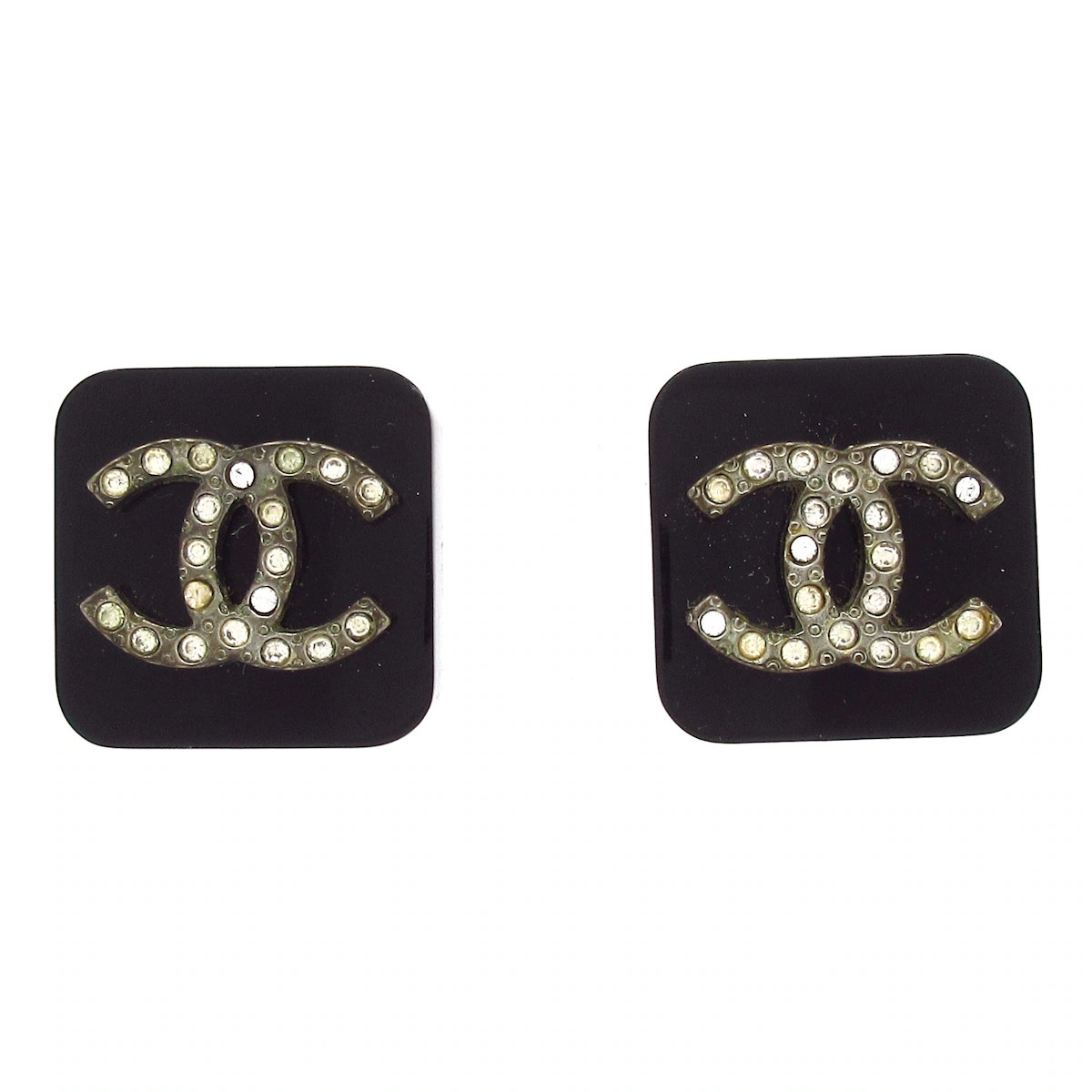 CHANEL Black Gold Clear Plastic Hardware Rhinestones Clip On Earrings